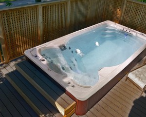 SwimLife Swim Spa installation on a deck.